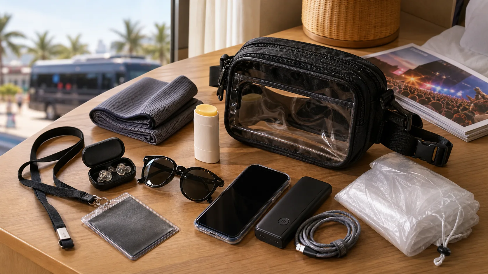 Festival day-carry flatlay with clear bag, earplugs, sunscreen, phone power, lanyard, cooling towel, and rain poncho
