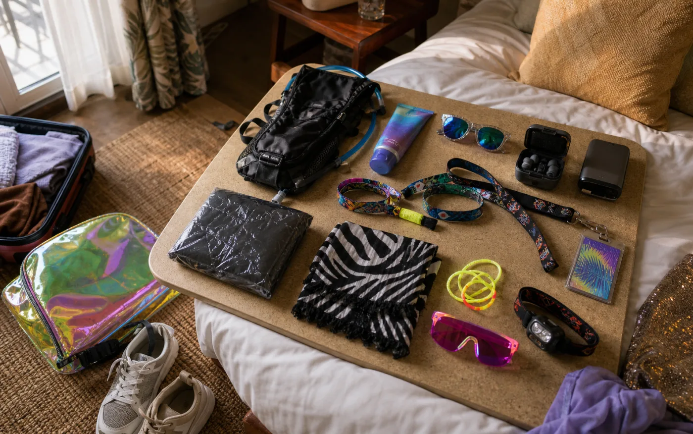 Festival packing board with hydration pack, theme-night accessories, earplugs, sunscreen, shoes, and travel essentials