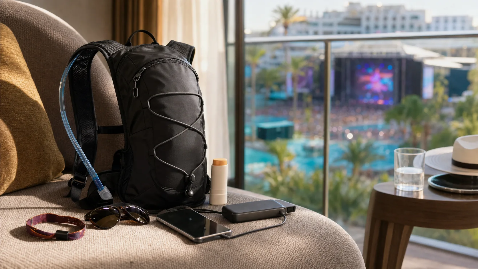 Hydration daypack with sunscreen, phone power, sunglasses, and resort festival stage in the background.