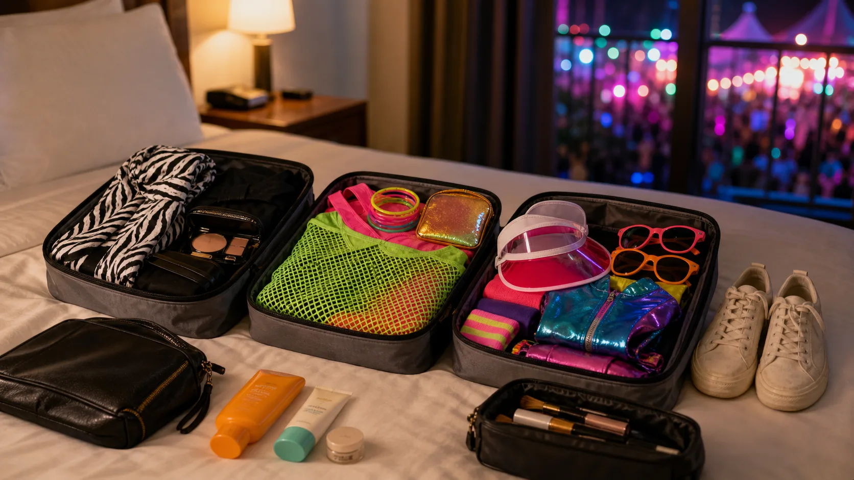 Festival theme-night packing cubes with zebra, neon, and 80s outfit accessories