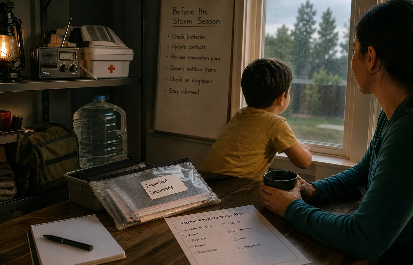A family home storm readiness setup with lantern, radio, water, documents, and rain outside.
