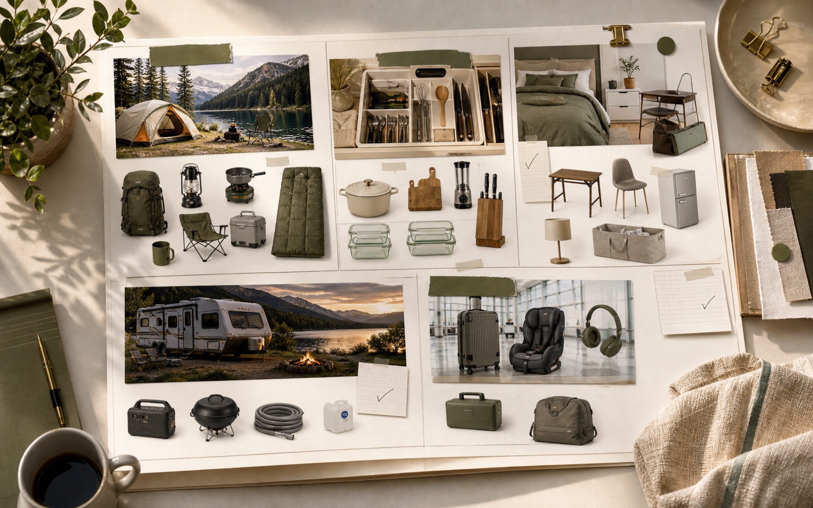 A curated shopping board showing camping, kitchen, apartment, RV, and family travel setups.