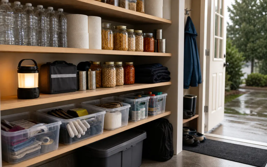 Storm cleanup and pantry supplies organized on a household shelf
