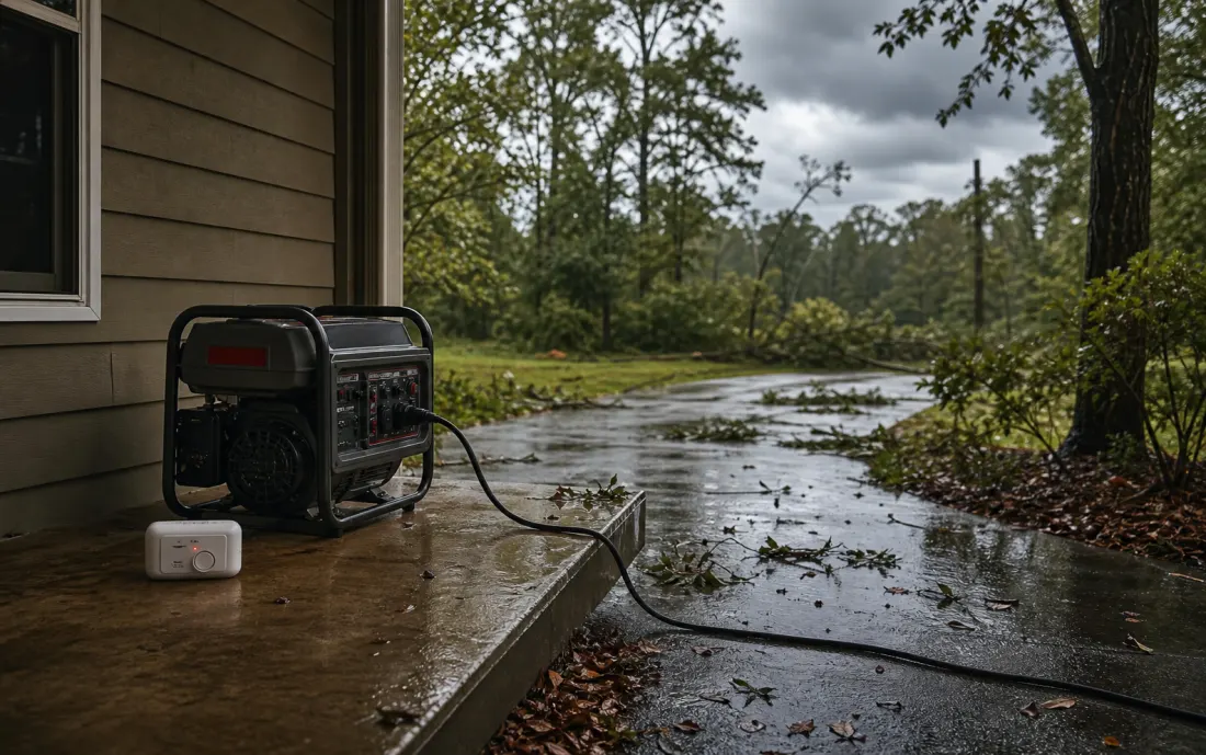 Outdoor generator staged safely away from the house after storm damage