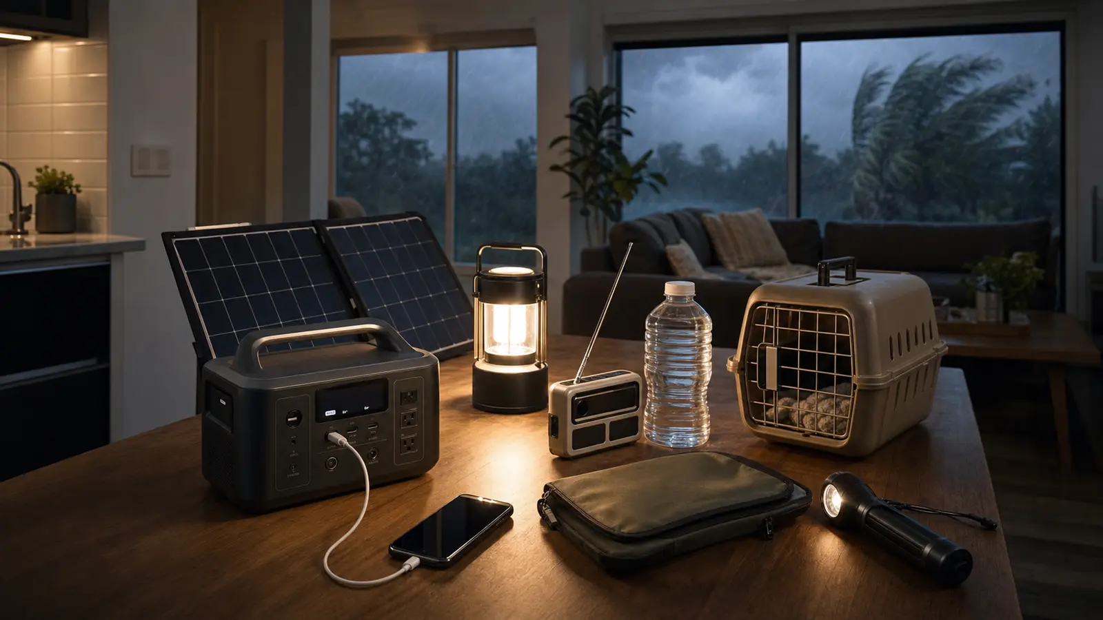 Prepared severe weather home supplies on a table while a storm builds outside.