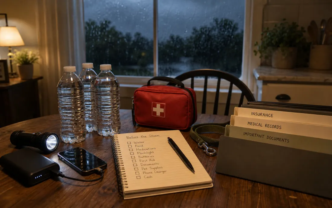 Prepared documents, water, first aid, pet leash, and power bank on a storm-night kitchen table